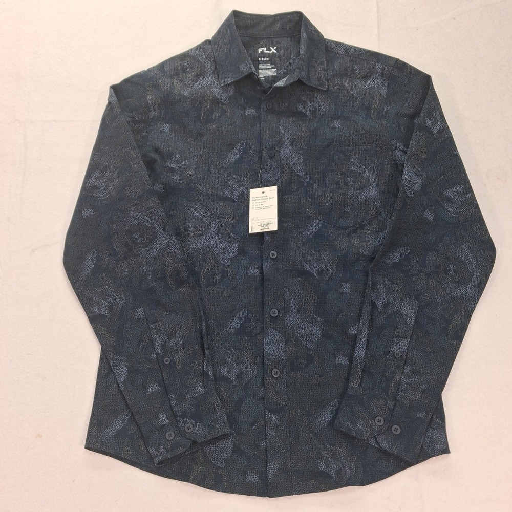 FLX Button-Down Shirt Mens S Slim Performance Navy Floral 4-Way Stretch NEW